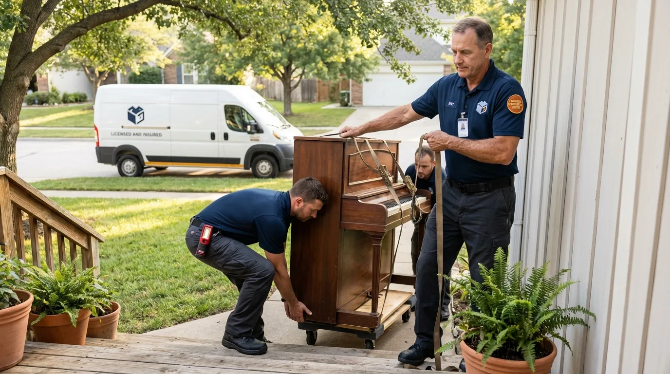 Licensed piano movers securing grand piano in Grandville, MI