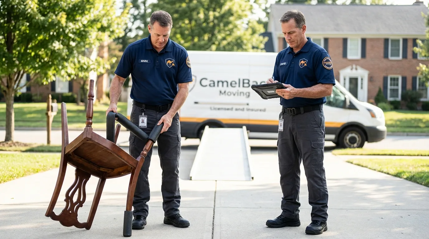 Movers inspecting furniture for damage prevention before loading in Grandville, MI