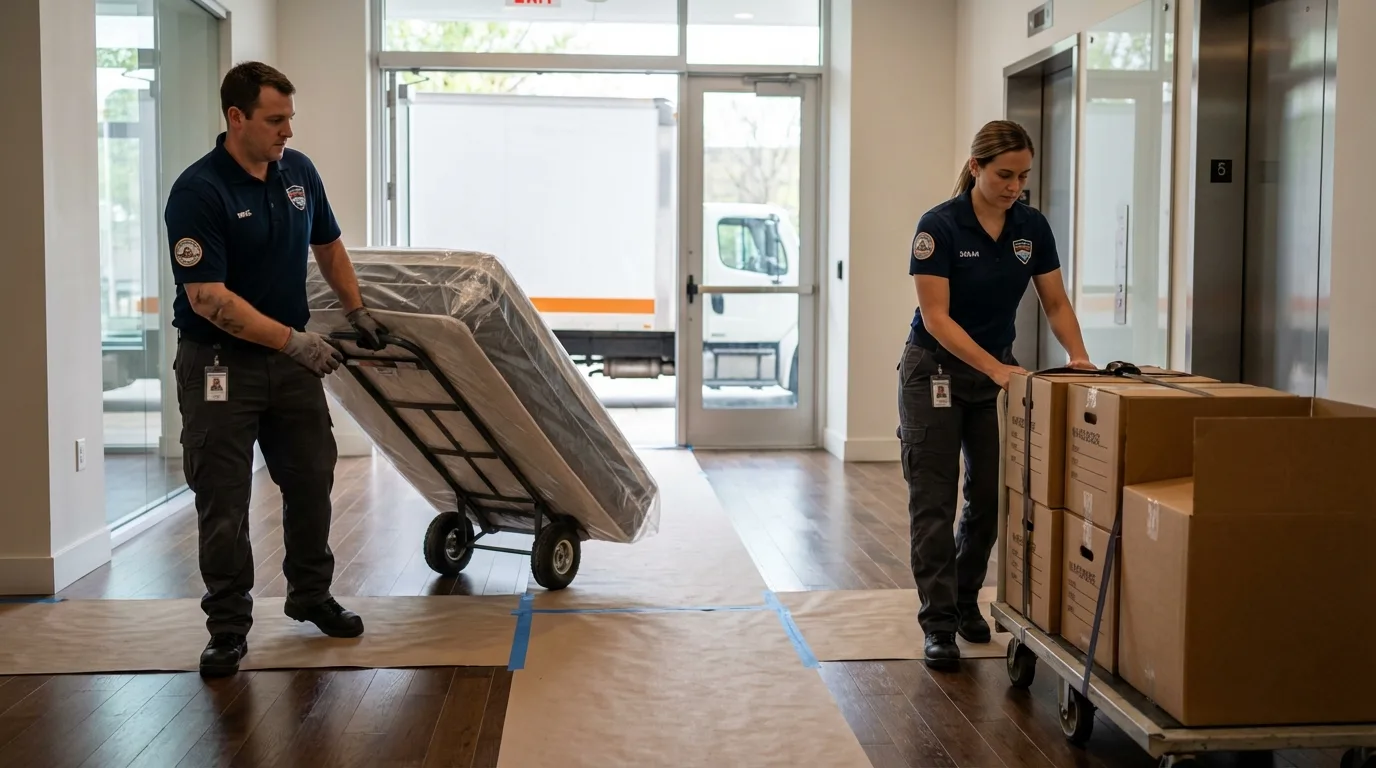 Professional apartment movers loading elevator in Grandville, MI