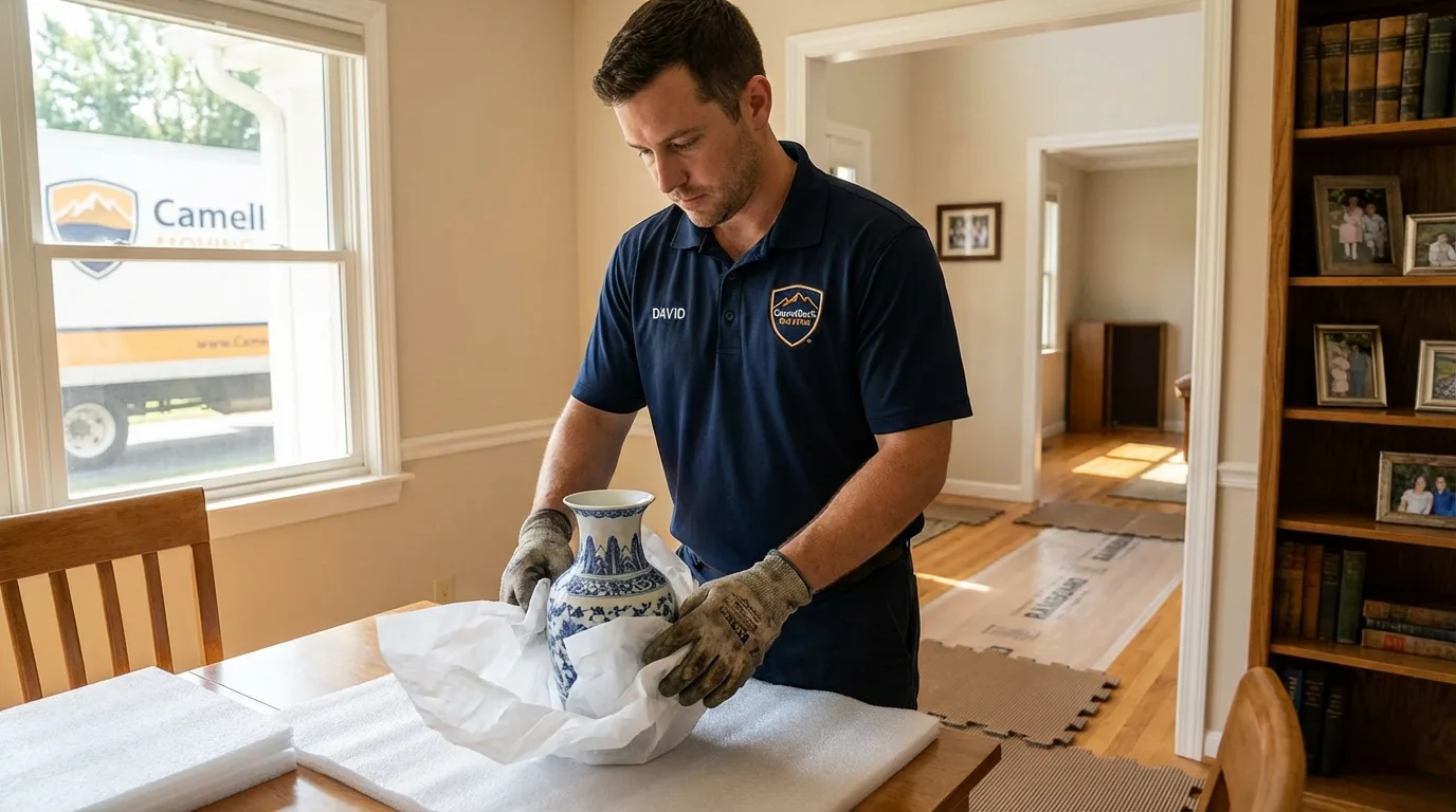 Professional crew carefully wrapping antique vase for senior downsizing move in Grandville, MI